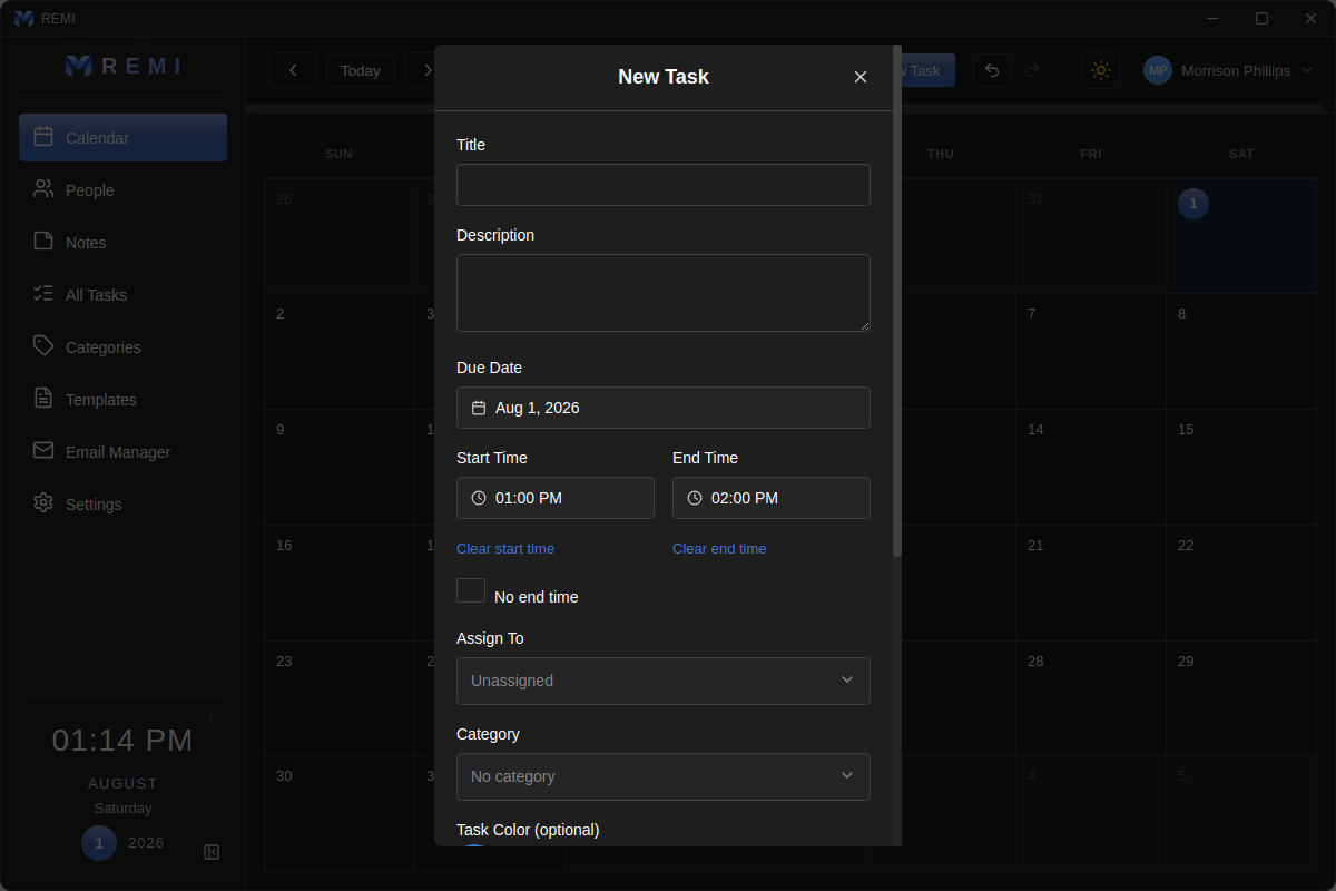 Remi desktop — the New Task panel