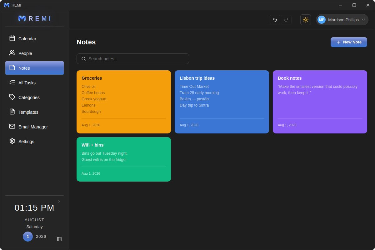 Remi desktop — color-coded notes