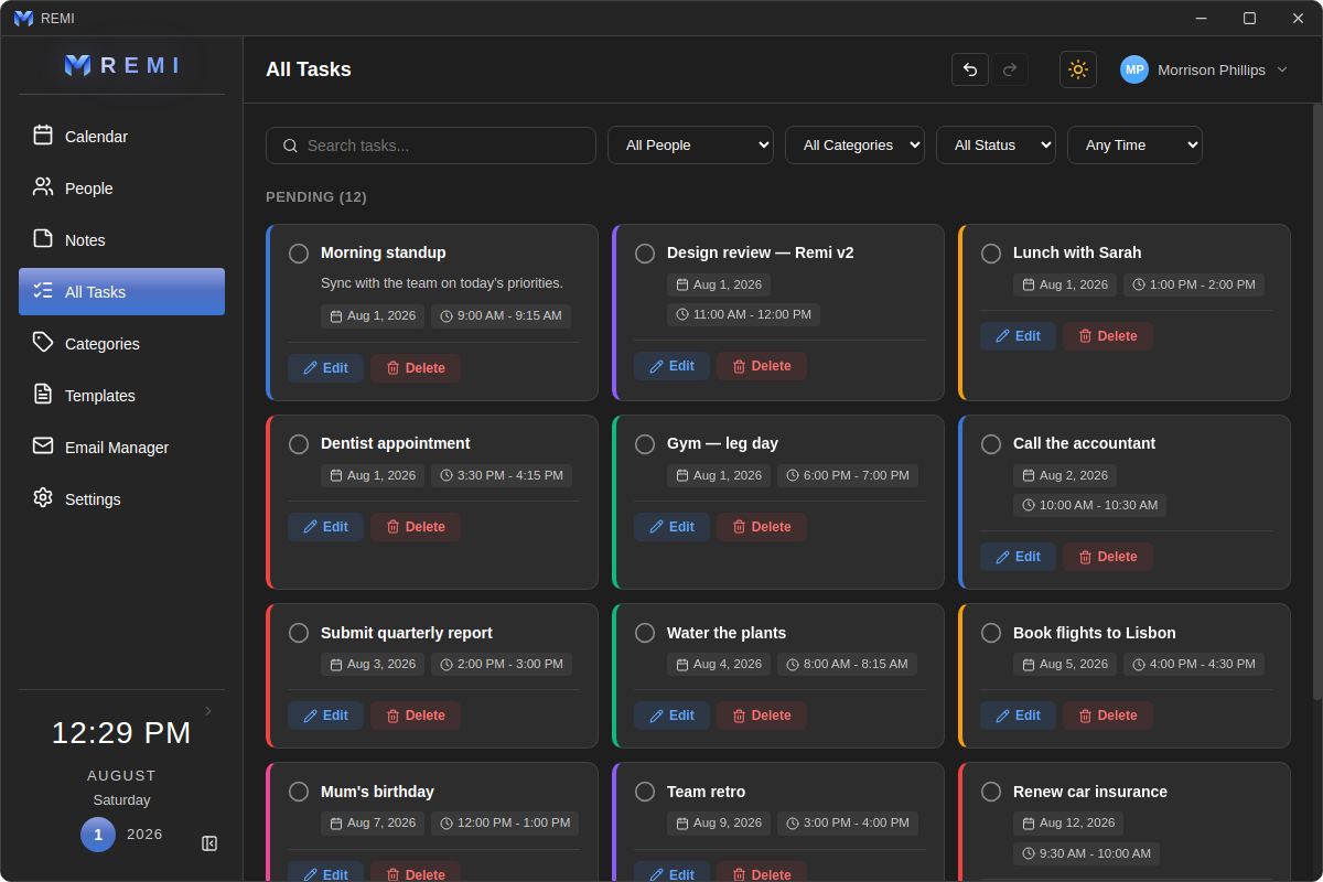 Remi desktop — all tasks with filters